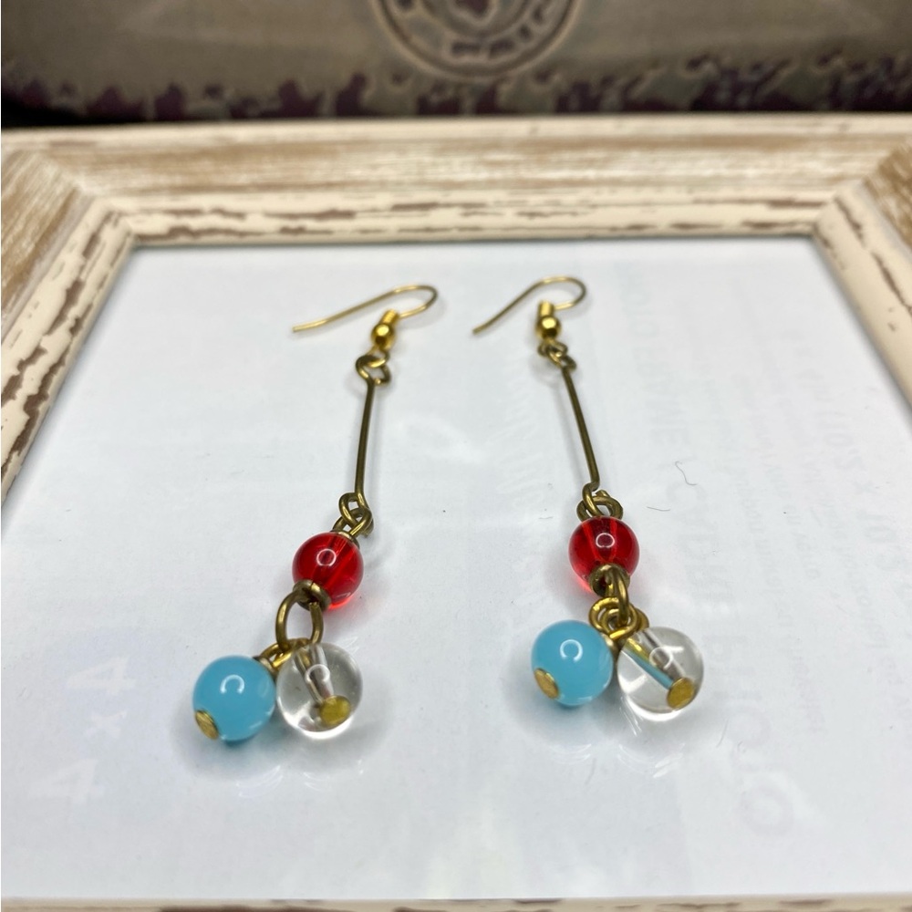 NEW Boho Chandelier Earrings Glass Beads Red Blue Brass Handmade Kenya - Picture 3 of 4